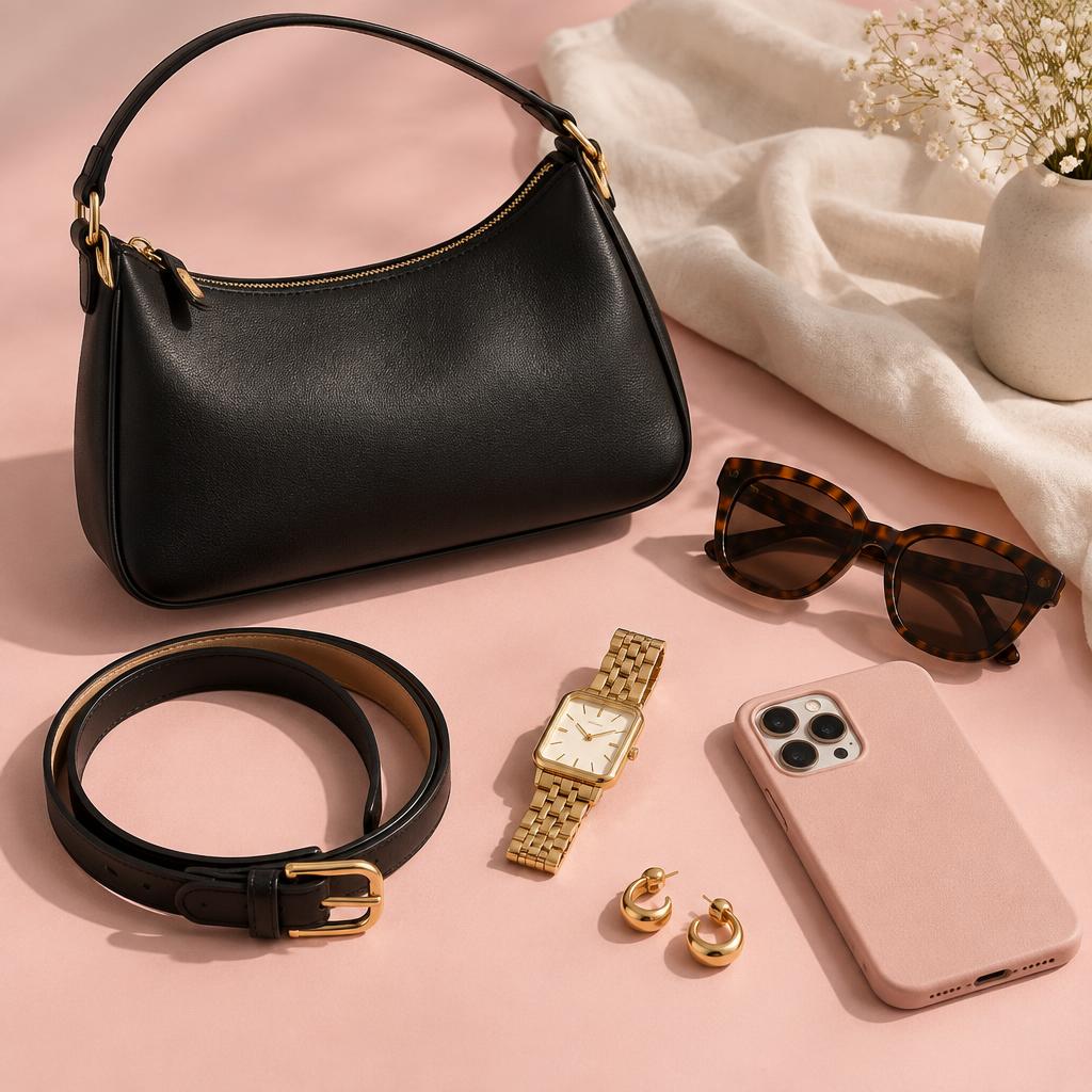Bolsa, óculos, cinto, relógio e celular com capa rosa